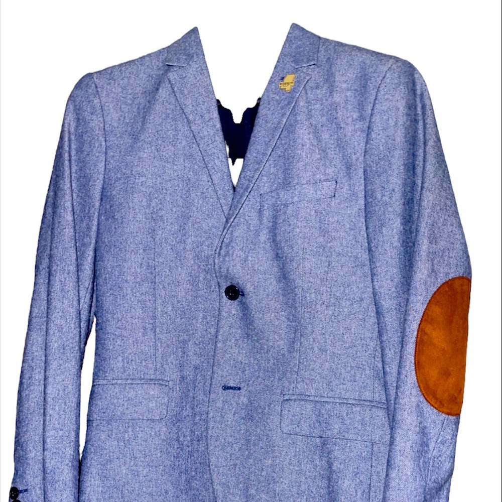 H&M Blueish/Denim Slim Suit Blazer. W/Leather elbow patches. Size 34. Worn once